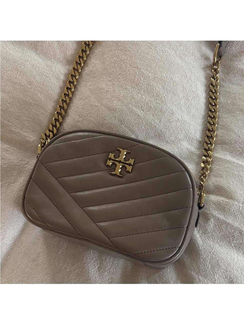 Tory Burch Taupe Kira Chevron small camera bag